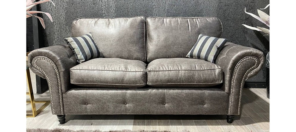 Oakland 3+2 Buffalo Grey Buffalo Faux Leather With Subtle Button Detailing And Chrome Legs