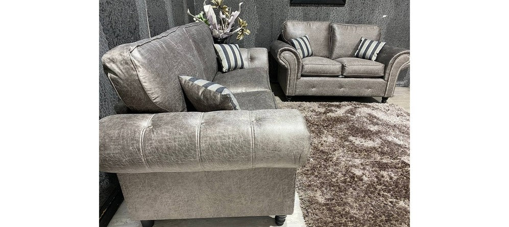 Oakland 3+2 Buffalo Grey Buffalo Faux Leather With Subtle Button Detailing And Chrome Legs