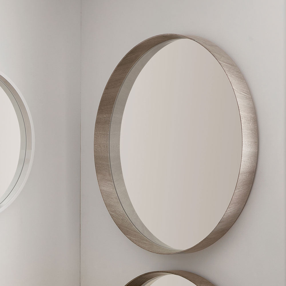 Grey Oak Wood Veneer Round Wall Mirror