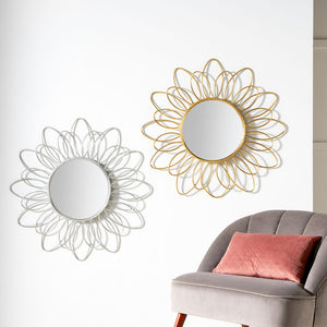 Metal Petal Design Round Wall Mirror - Silver