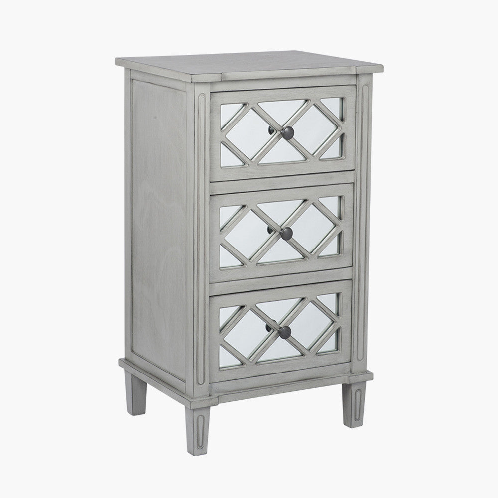 Puglia Dove Grey Mirrored Pine Wood 3 Drawer Unit