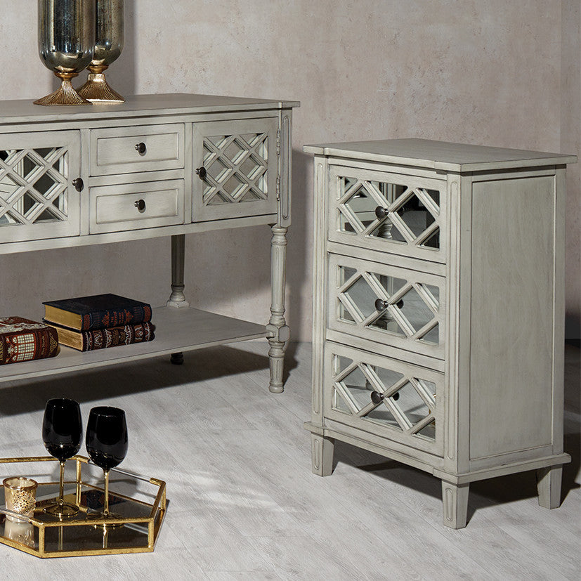 Puglia Dove Grey Mirrored Pine Wood 3 Drawer Unit