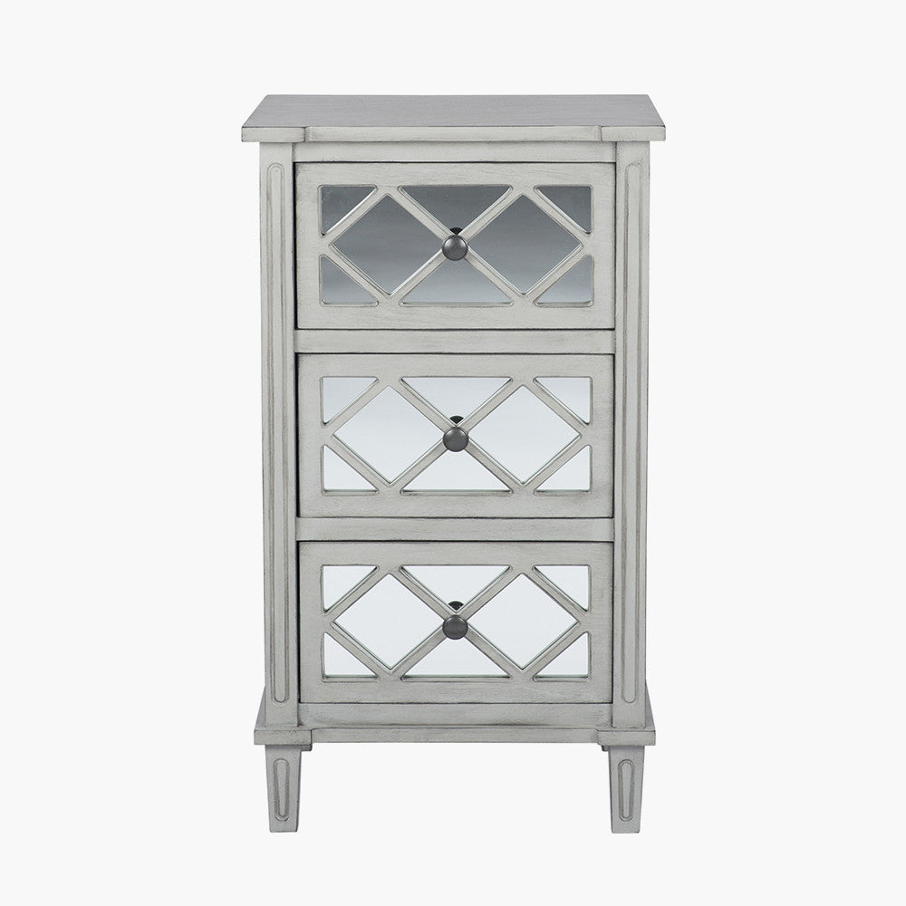Puglia Dove Grey Mirrored Pine Wood 3 Drawer Unit