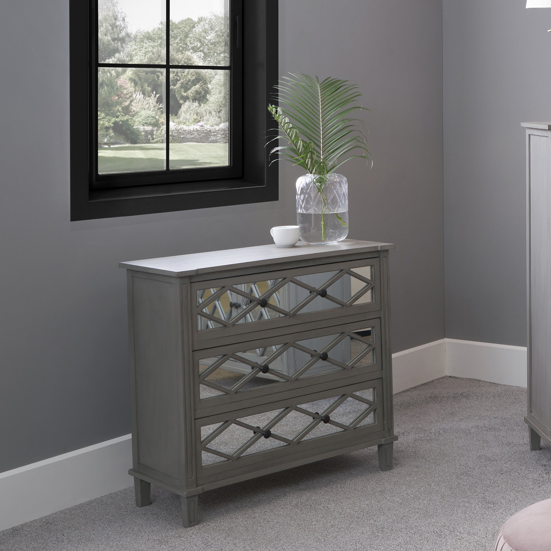 Puglia Dove Mirrored Pine Wood 3 Drawer Wide Unit - Available in Grey and Ivory