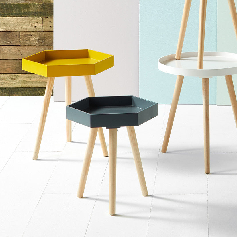 Halston Grey MDF & Brown Pine Wood Hexagon Table K/D - Available In Brown, White, Mustard & Black