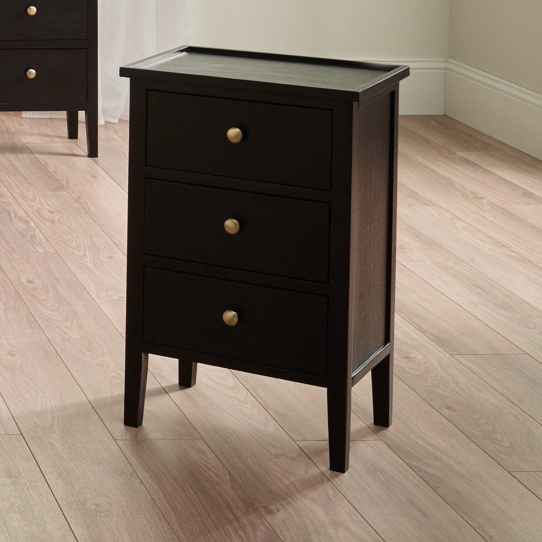 Chelmsford Satin Black Pine Wood 3 Drawer Bedside Unit