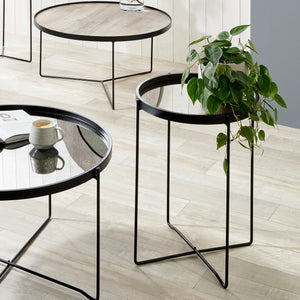 Voss Matt Black Wood Veneer Side Table w/Foxed Glass