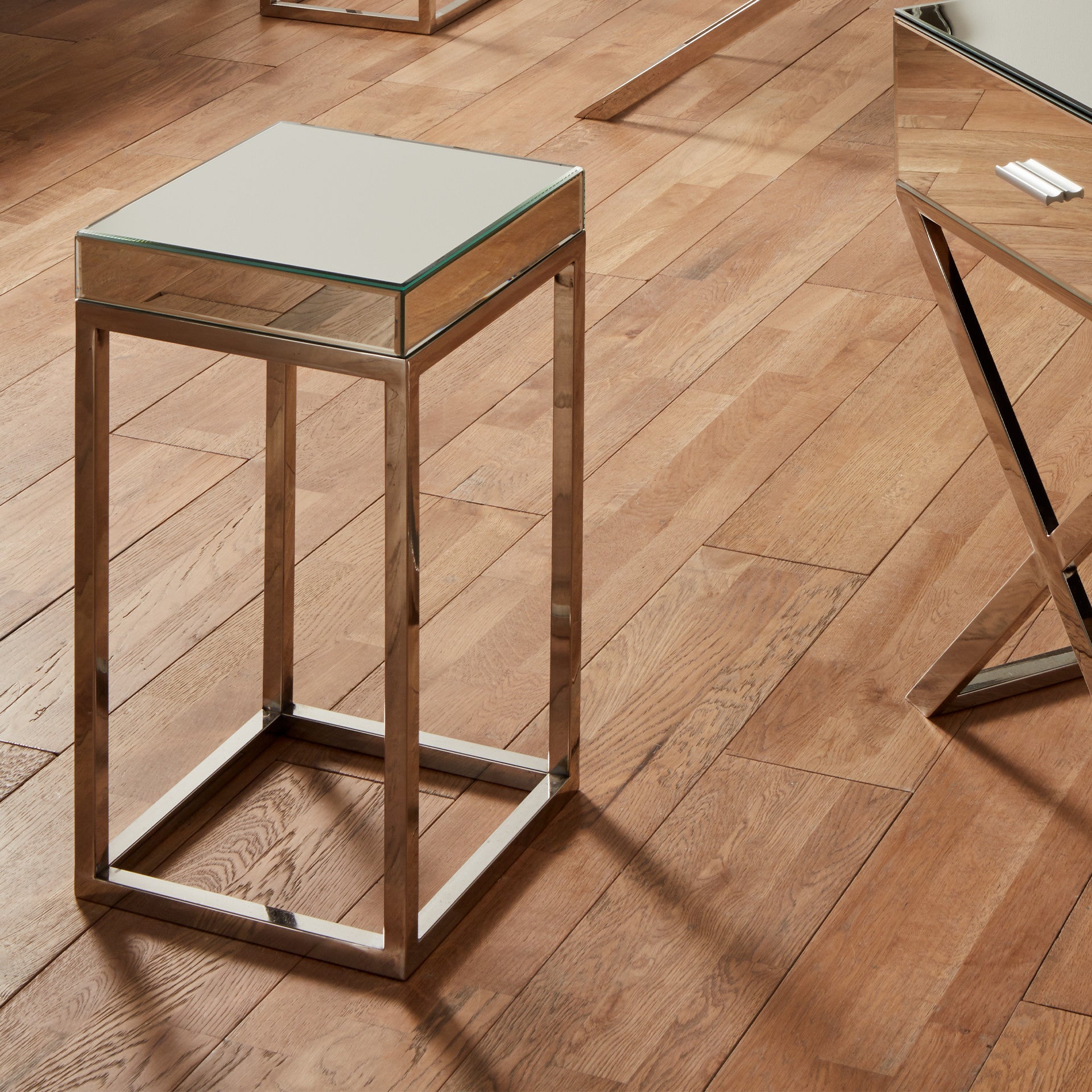 Rocco Silver Mirrored Glass & Metal Square Table Small