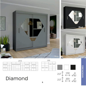 Diamond Wardrobe Various Sizes - Available in White, Black or Grey