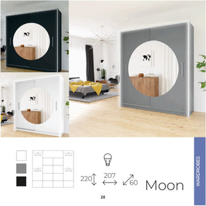 Moon Wardrobe 207cm - Available in White, Black or Grey