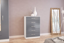 Load image into Gallery viewer, Lynx 5 Drawer Chest - Available in Grey, White, Black, Grey &amp; White, Black &amp; Walnut
