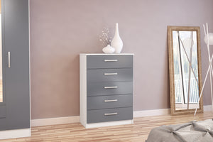 Lynx 5 Drawer Chest - Available in Grey, White, Black, Grey & White, Black & Walnut