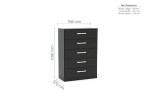 Lynx 5 Drawer Chest - Available in Grey, White, Black, Grey & White, Black & Walnut