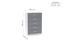 Load image into Gallery viewer, Lynx 5 Drawer Chest - Available in Grey, White, Black, Grey &amp; White, Black &amp; Walnut
