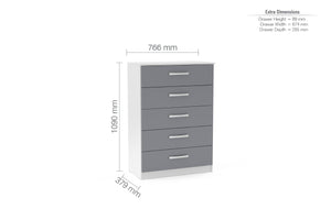 Lynx 5 Drawer Chest - Available in Grey, White, Black, Grey & White, Black & Walnut