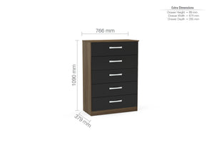 Lynx 5 Drawer Chest - Available in Grey, White, Black, Grey & White, Black & Walnut