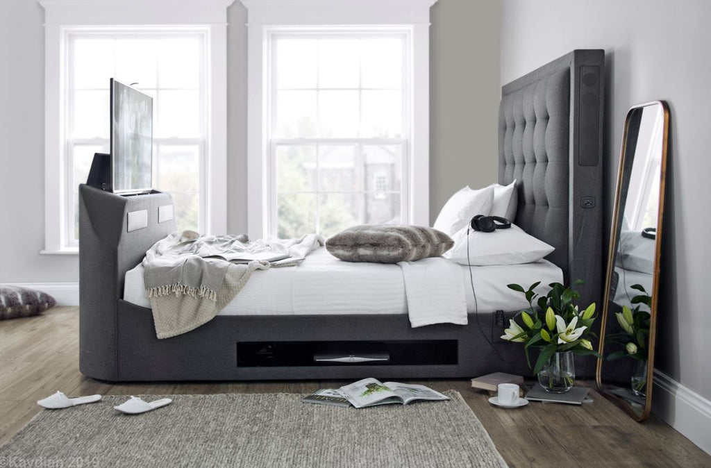 Titan TV Media Bed Marbella Grey Fabric - Available in KingSize & SuperKing