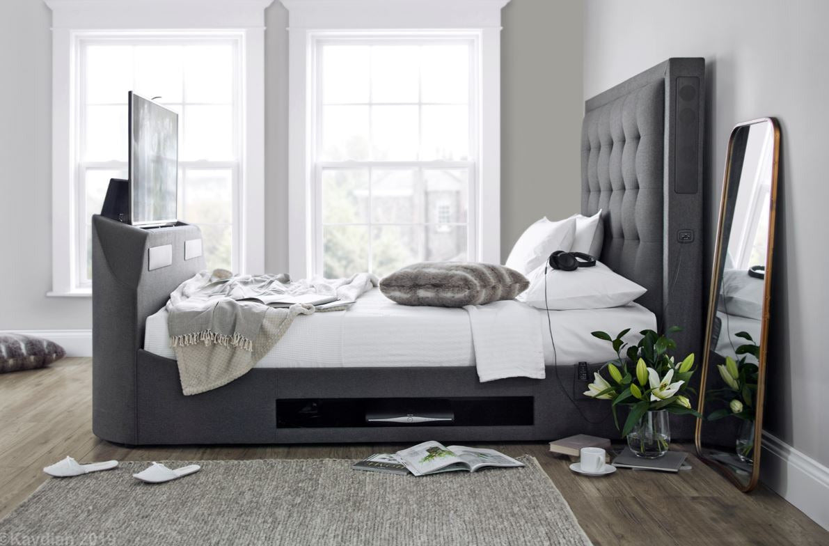 Titan TV Media Bed Marbella Grey Fabric - Available in KingSize & SuperKing