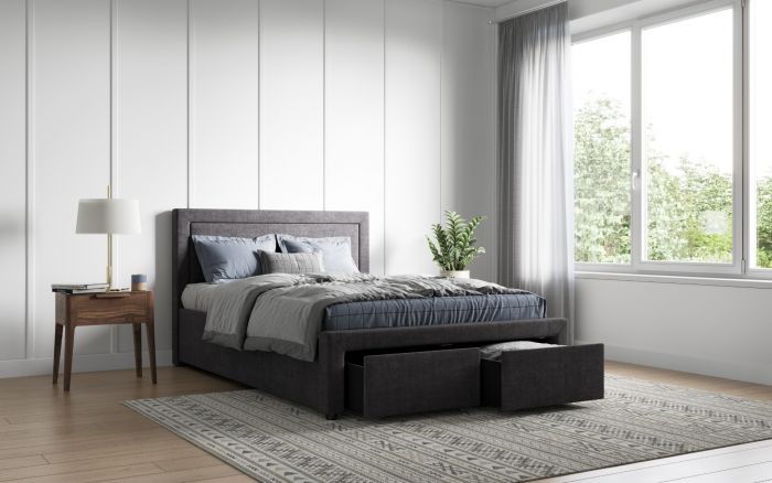 Grey queen bed shop with storage