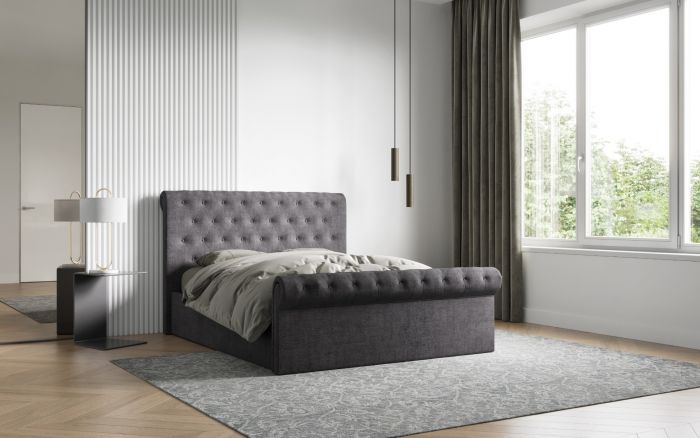 Lola - buttoned Grey Fabric Ottoman Bed - Available in Double or Kingsize