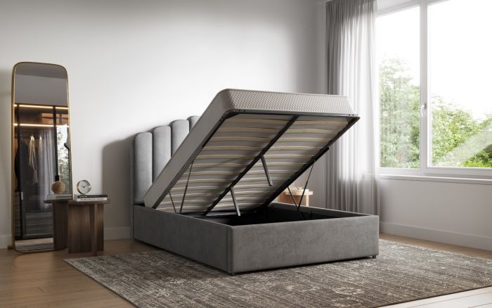 Velvet Poseidon Shell Ottoman Bed - Navy or Silver- Available in Double & KingSize