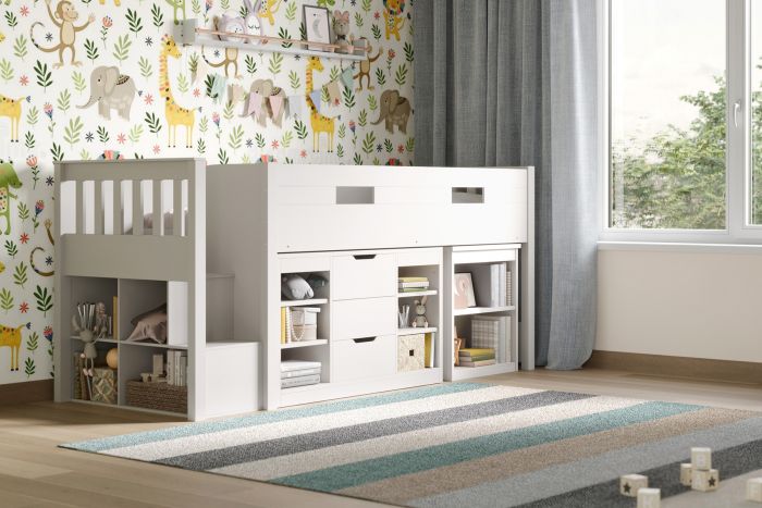 Charlie Mid Sleeper Set With Storage and Staircase - Available in White or Grey