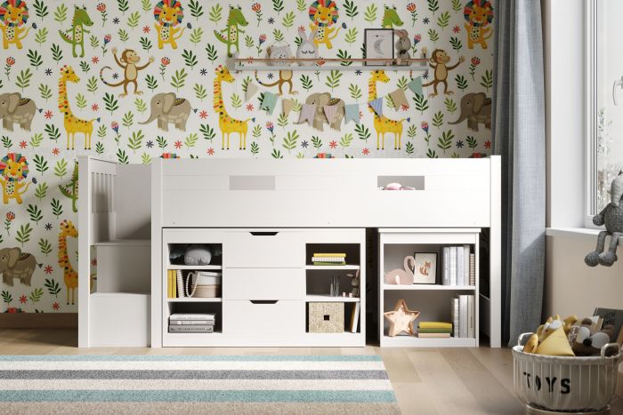 Charlie Mid Sleeper Set With Storage and Staircase - Available in White or Grey