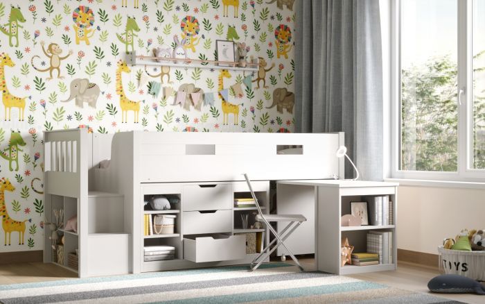 Charlie Mid Sleeper Set With Storage and Staircase - Available in White or Grey