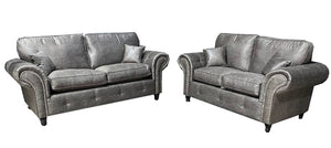 Oakland 3+2 Buffalo Grey Buffalo Faux Leather With Subtle Button Detailing And Chrome Legs