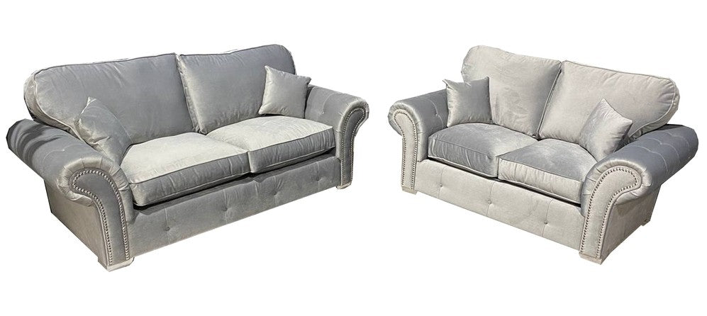 Oakland 3+2 Silver Plush Velvet Fabric Sofa Set With Subtle Button Detailing And Chrome Legs