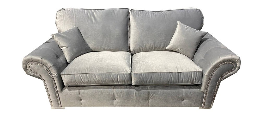 Oakland 3+2 Silver Plush Velvet Fabric Sofa Set With Subtle Button Detailing And Chrome Legs