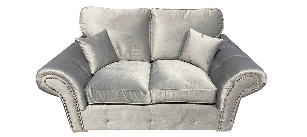 Oakland 3+2 Silver Plush Velvet Fabric Sofa Set With Subtle Button Detailing And Chrome Legs
