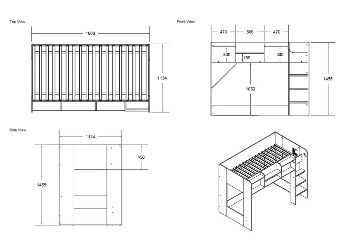 Wizard juniour High Sleeper Work-Station Bed - Available in White or Grey