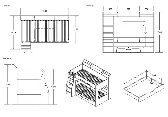 Flick Bunk Bed With Storage - Colour Options White or Grey or Oak