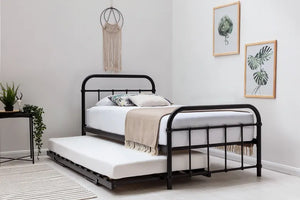 Henry Single Metal Bed Frame With Folding Guest Bed Trundle - Available in White or Black
