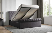 Load image into Gallery viewer, Lola - buttoned Grey Fabric Ottoman Bed - Available in Double or Kingsize
