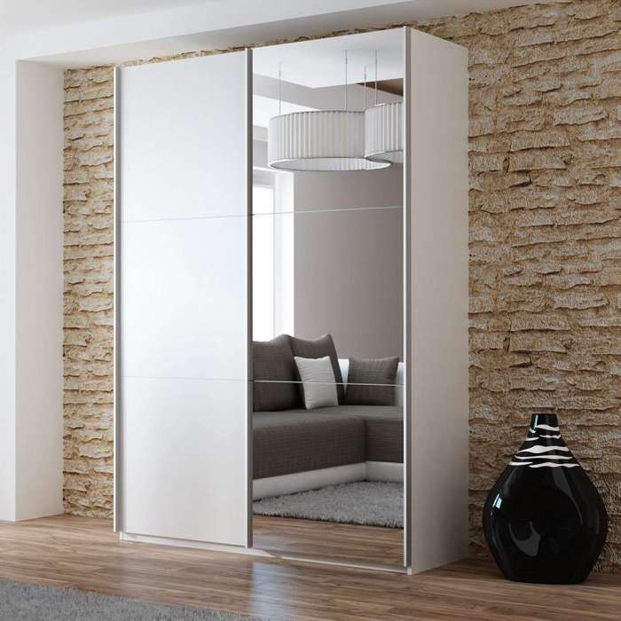 OGIV White & Mirror Sliding Door Wardrobe (LED)