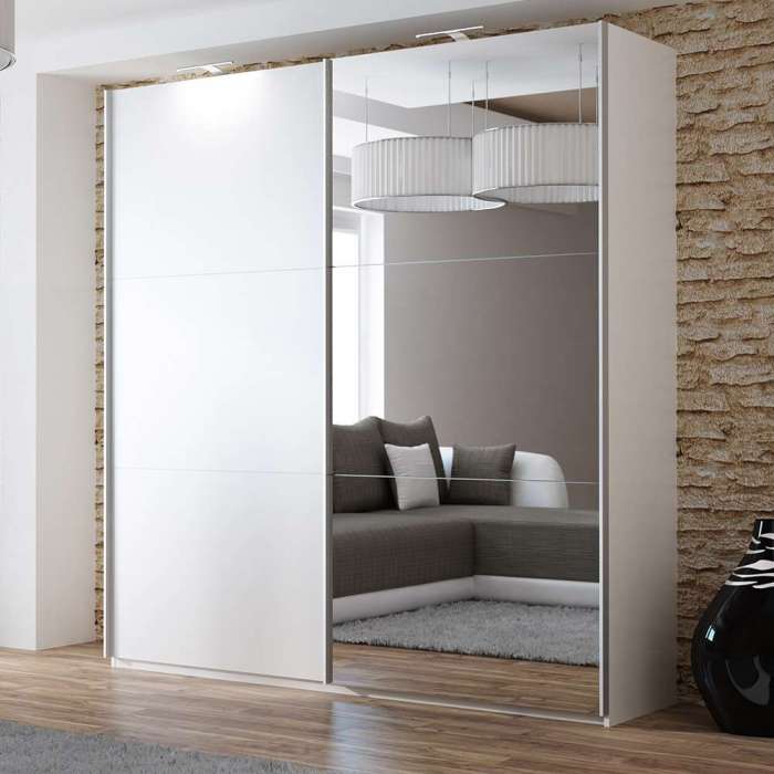 OGIV White & Mirror Sliding Door Wardrobe (LED)