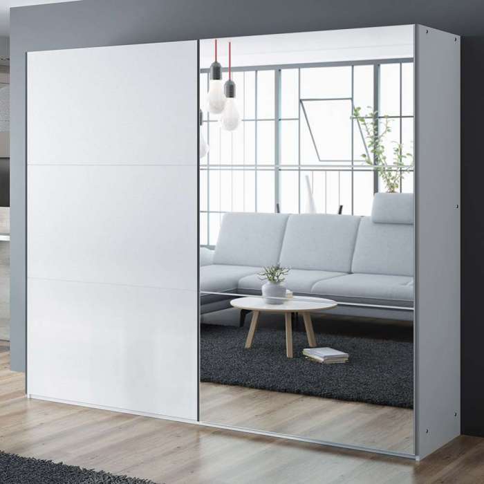 OGIV White & Mirror Sliding Door Wardrobe (LED)