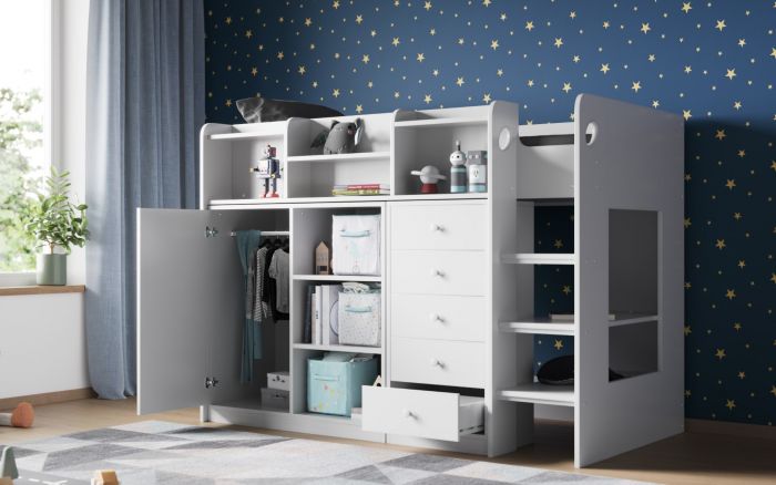 Wizard juniour High Sleeper Storage Station Bed - Available in White or Grey